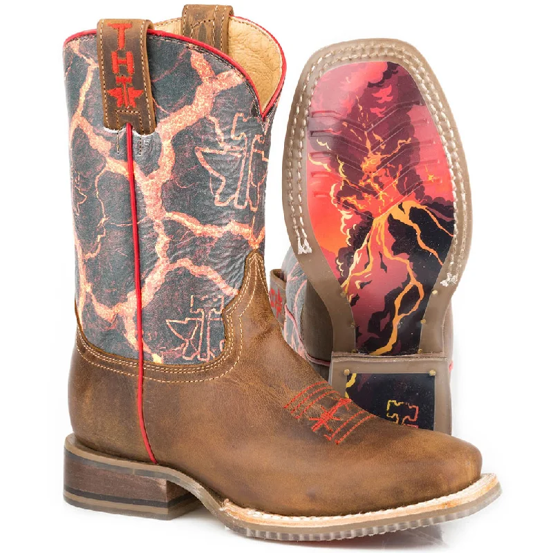 Men's western boots with a traditional western boot silhouette and a polished shineTin Haul Boy's Beware of Lava Square Toe Boot