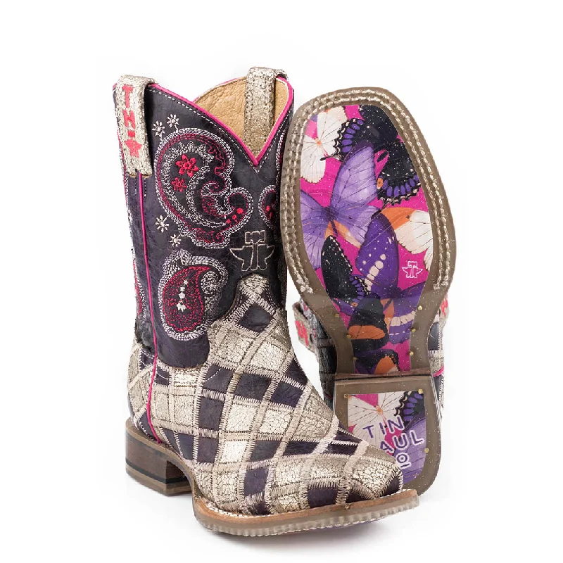 Men's western boots with a leather - wrapped heel and a smooth finishTin Haul Girl's Sparkle Girl Butterfly Square Toe Boot