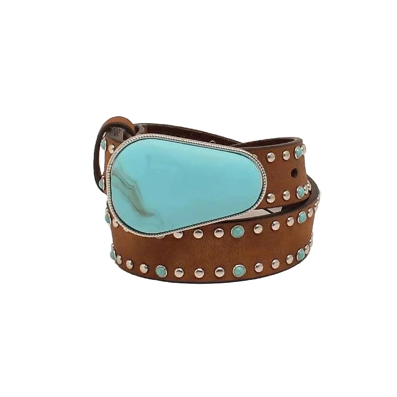 Men's western boots with a traditional western boot silhouette and a polished shineAngel Ranch Girl's Brown Turquoise Studded Belt