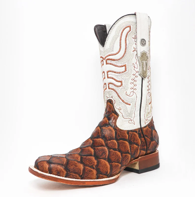 Men's western boots with a high - heeled design and a pointed toeTanner Mark Cognac Fish Print Men's Boot