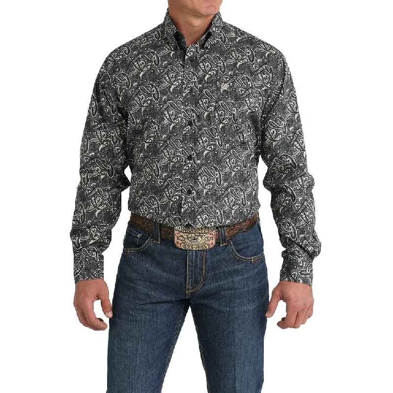 Men's western boots with a rubber sole for traction on various surfacesCinch Men's Black Paisley Long Sleeve Button Down