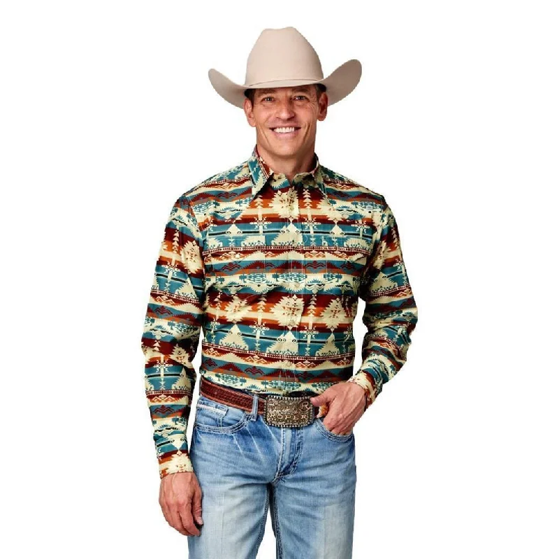 Men's genuine leather western boots with a snake - skin inlayRoper Men's Natural Aztec Serape Long Sleeve Vintage Collection