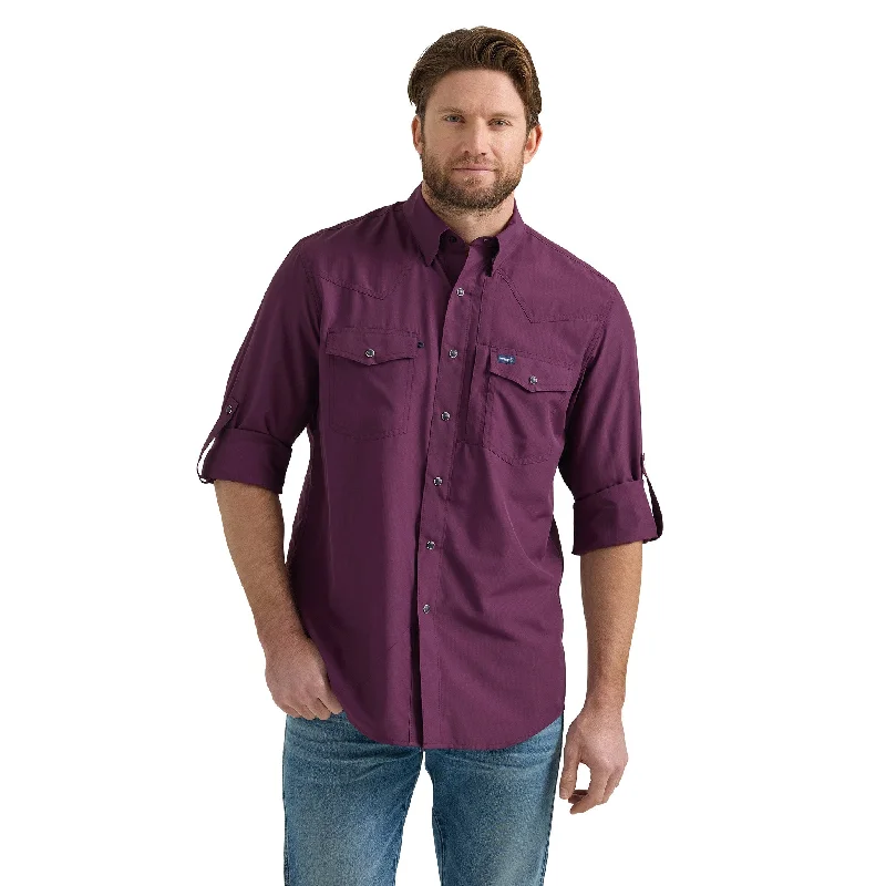 Men's western boots with a high - heeled design and a pointed toeWrangler Men's Performance Snap Long Sleeve Solid Shirt in Plum