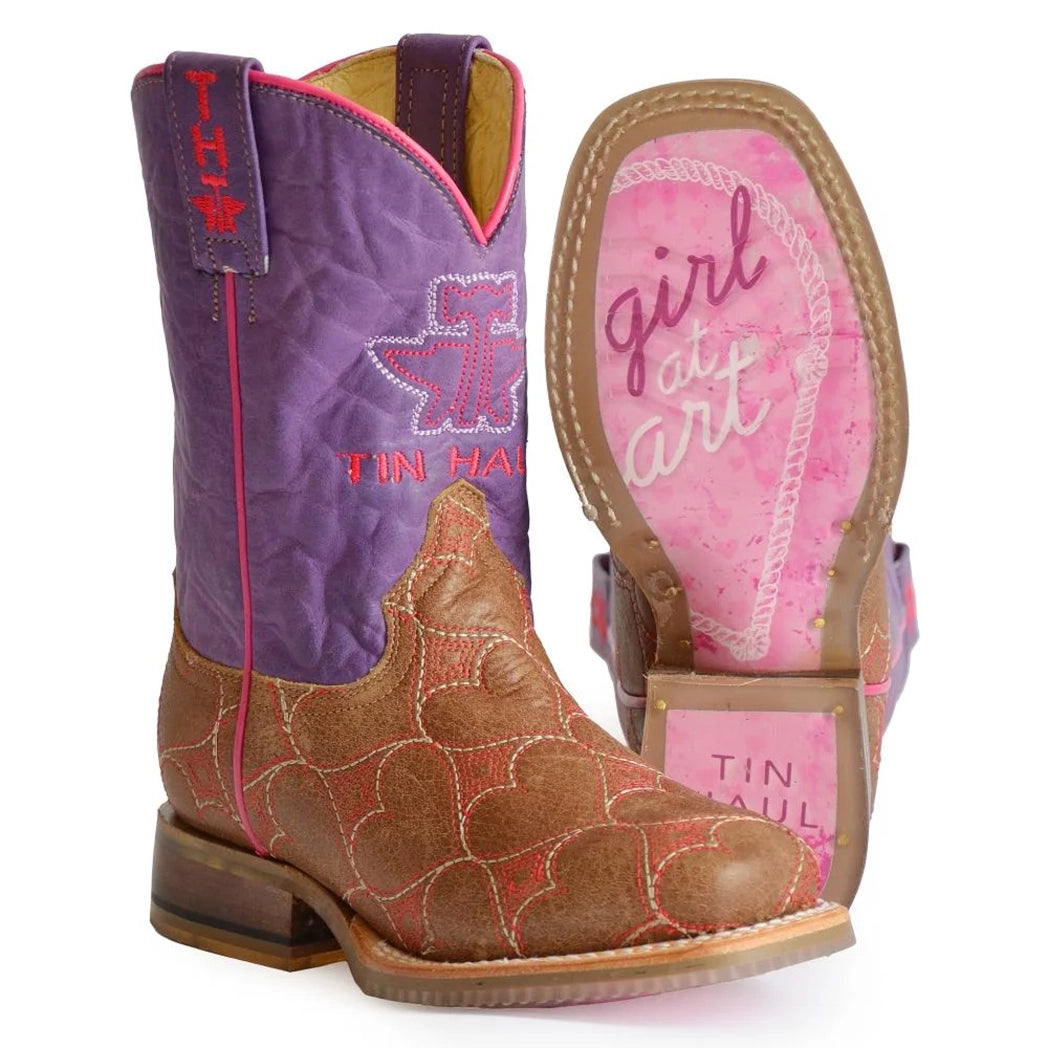 Men's western boots with a leather - wrapped heel and a smooth finishTin Haul Girl's Lotta Heart Square Toe Boot