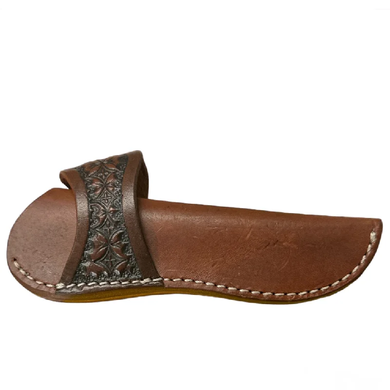 Men's western boots with a traditional western boot silhouette and a polished shineCircle SH Brown Cross Tooled Leather Knife Sheath