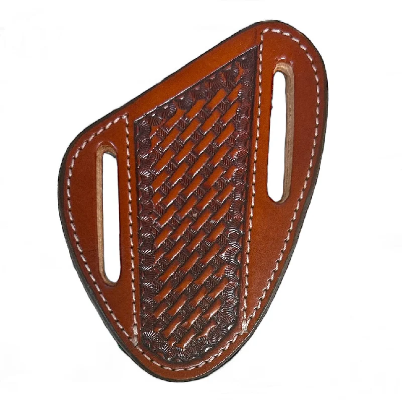 Western - style men's boots with intricate tooling and stitchingCircle SH Tan Basket Weave Leather Knife Sheath