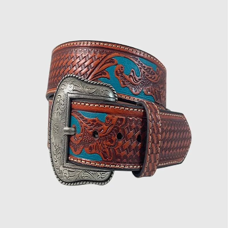 Men's western boots with a silver - toned hardware and accentsGem Dandy Men's Tan Basket With TQ Scrolled Belt